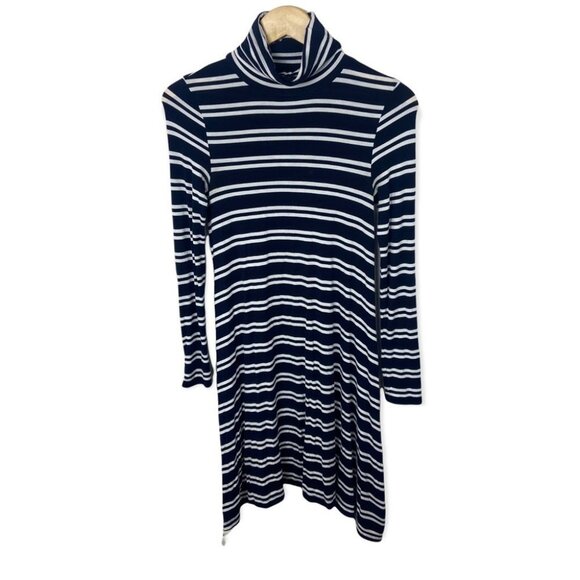 Anthropologie Maeve Navy Blue Striped Turtleneck Dress Stretch Size XS Boho Midi - Picture 3 of 9
